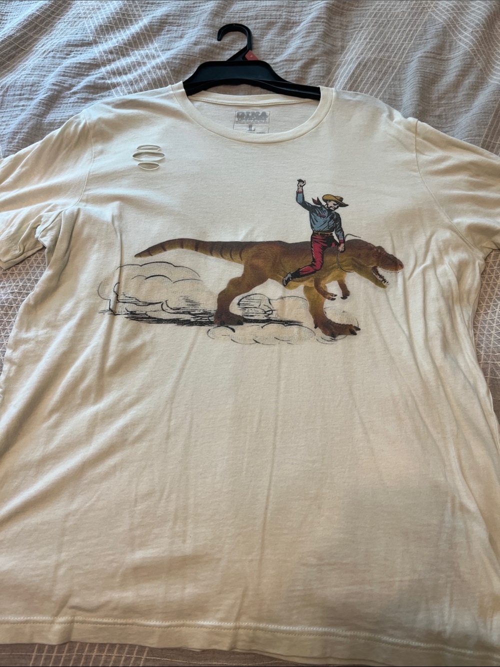 Women's Cream Short-Sleeve Graphic Tee with Cowboy & T-Rex Print